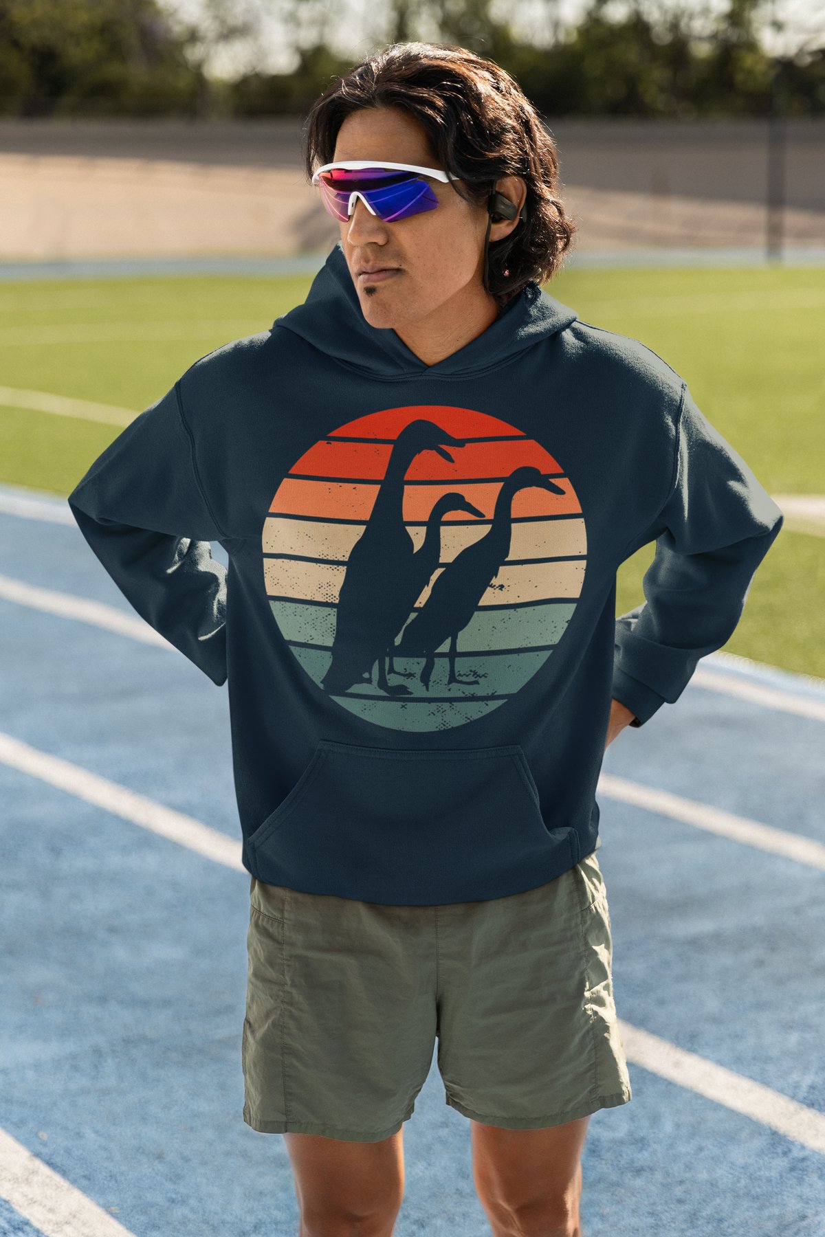 Runner Duck Hoodie - Retro Sunset Indian Runner Duck Silhouette