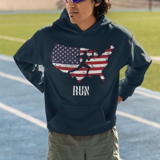 Run USA Hoodie - American Flag Map Runner Silhouette Design