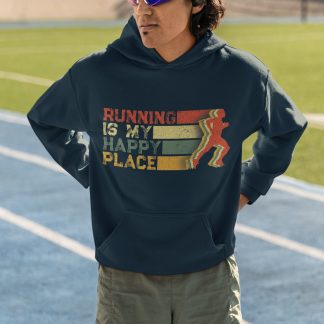 Running Is My Happy Place Hoodie - Retro Colour Block Runner Design