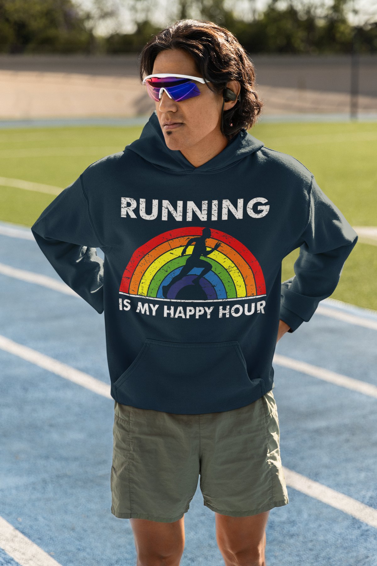 Running Is My Happy Hour Hoodie - Rainbow Runner Design