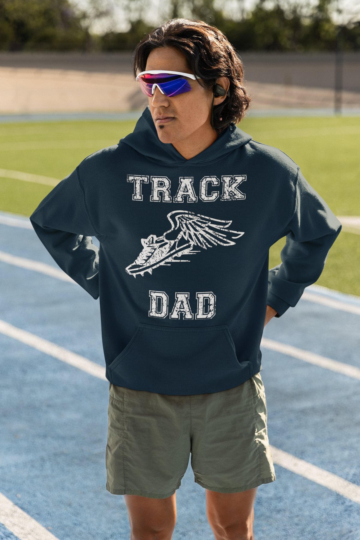 Track Dad Hoodie - Winged Shoe Distressed Varsity Design