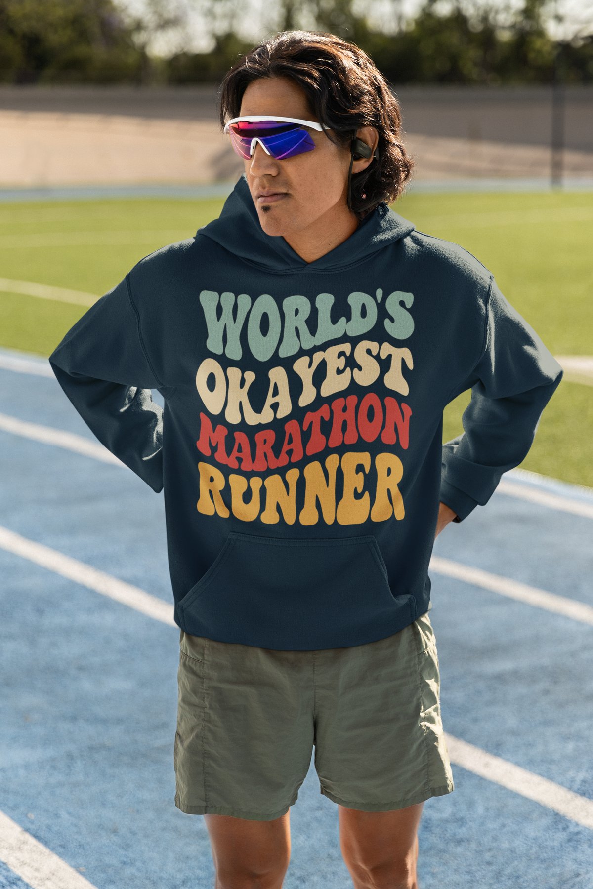 World's Okayest Marathon Runner Hoodie - Groovy Retro Wave Text
