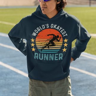 World's Okayest Runner Hoodie - Retro Sunset Stars Badge Design
