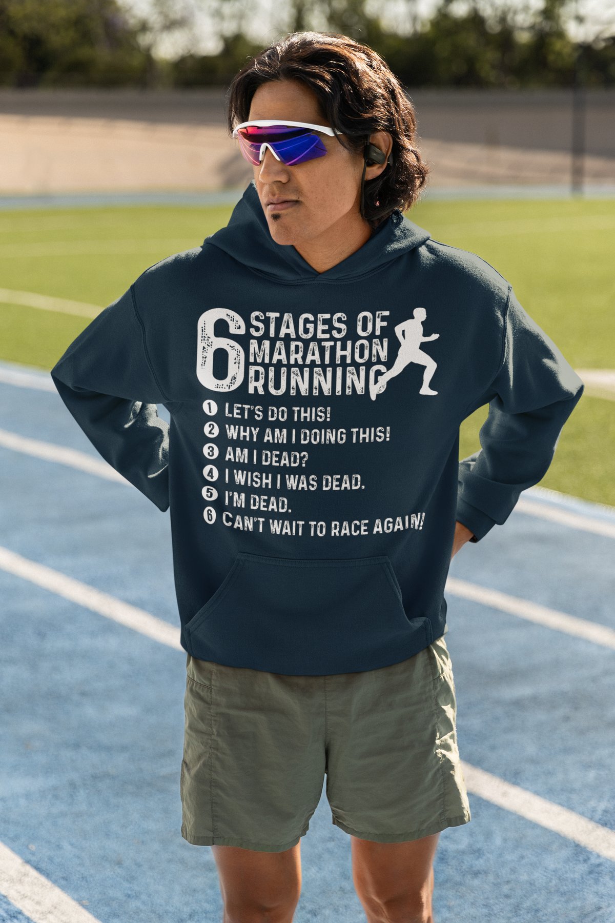 6 Stages Of Marathon Running Hoodie (White Bold) - Runner List Design
