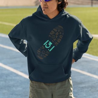 13.1 Half Marathon Hoodie - Boot Print Teal Number Design