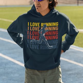 I Love Running Hoodie - Retro Repeat Text Runner Silhouette Design