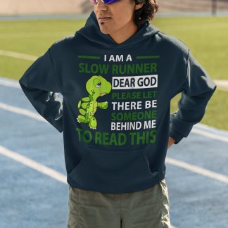 I Am A Slow Runner Dear God Hoodie (Blue) - Turtle Back Of Pack