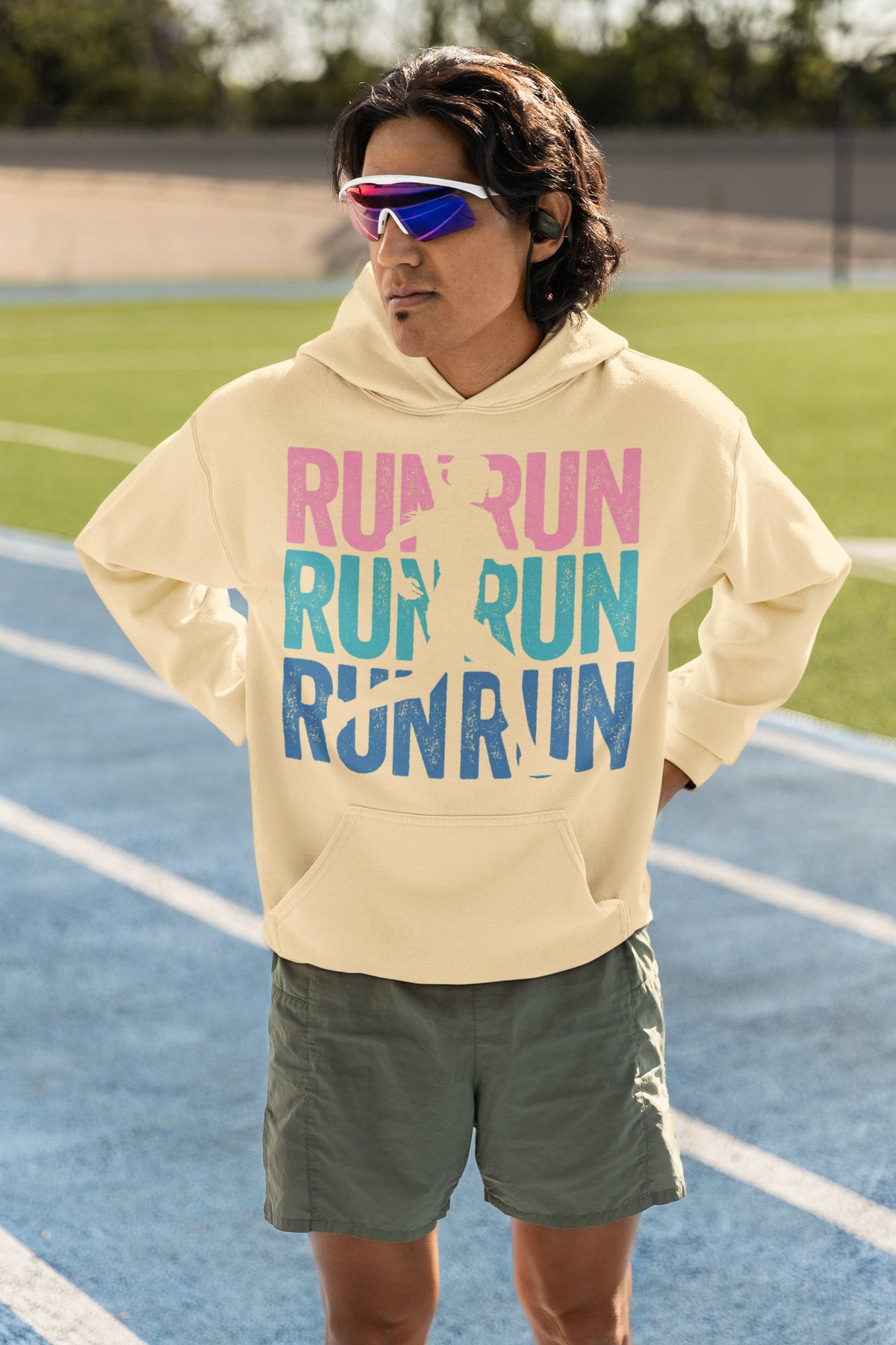 Run Run Run Hoodie - Colourful Runner Silhouette Repeat Design - Cream Hoodie