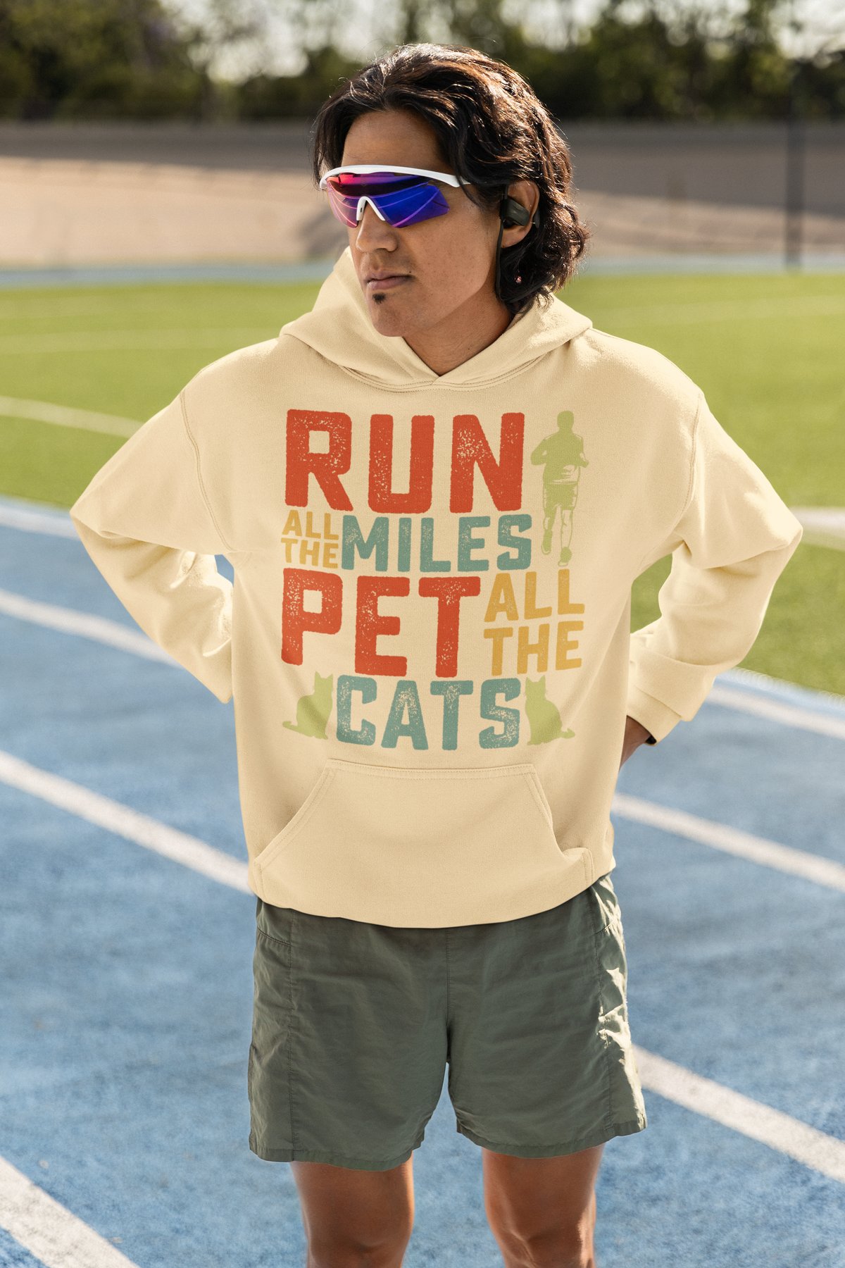Run All The Miles Pet All The Cats Hoodie - Cat Lover Runner Design - Cream Hoodie