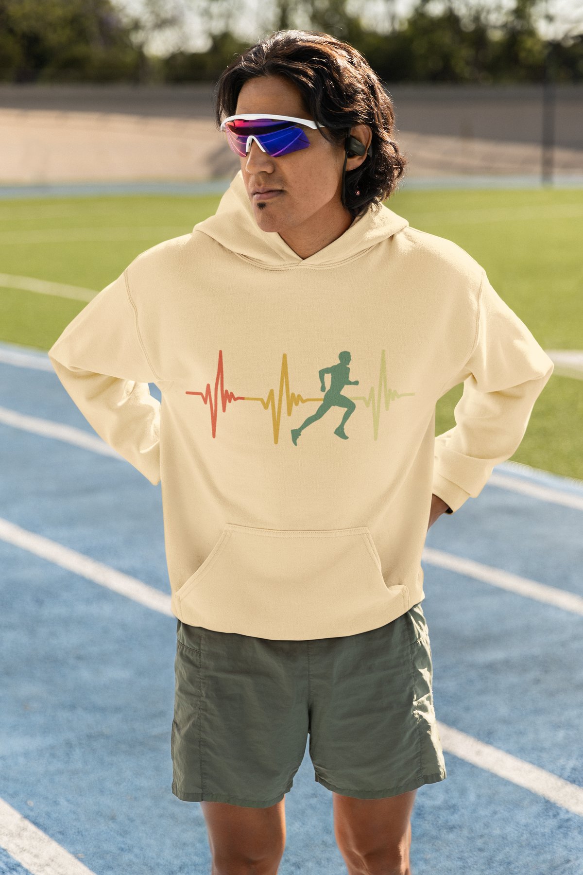 Running Heartbeat Hoodie - EKG Line Runner Design - Cream Hoodie