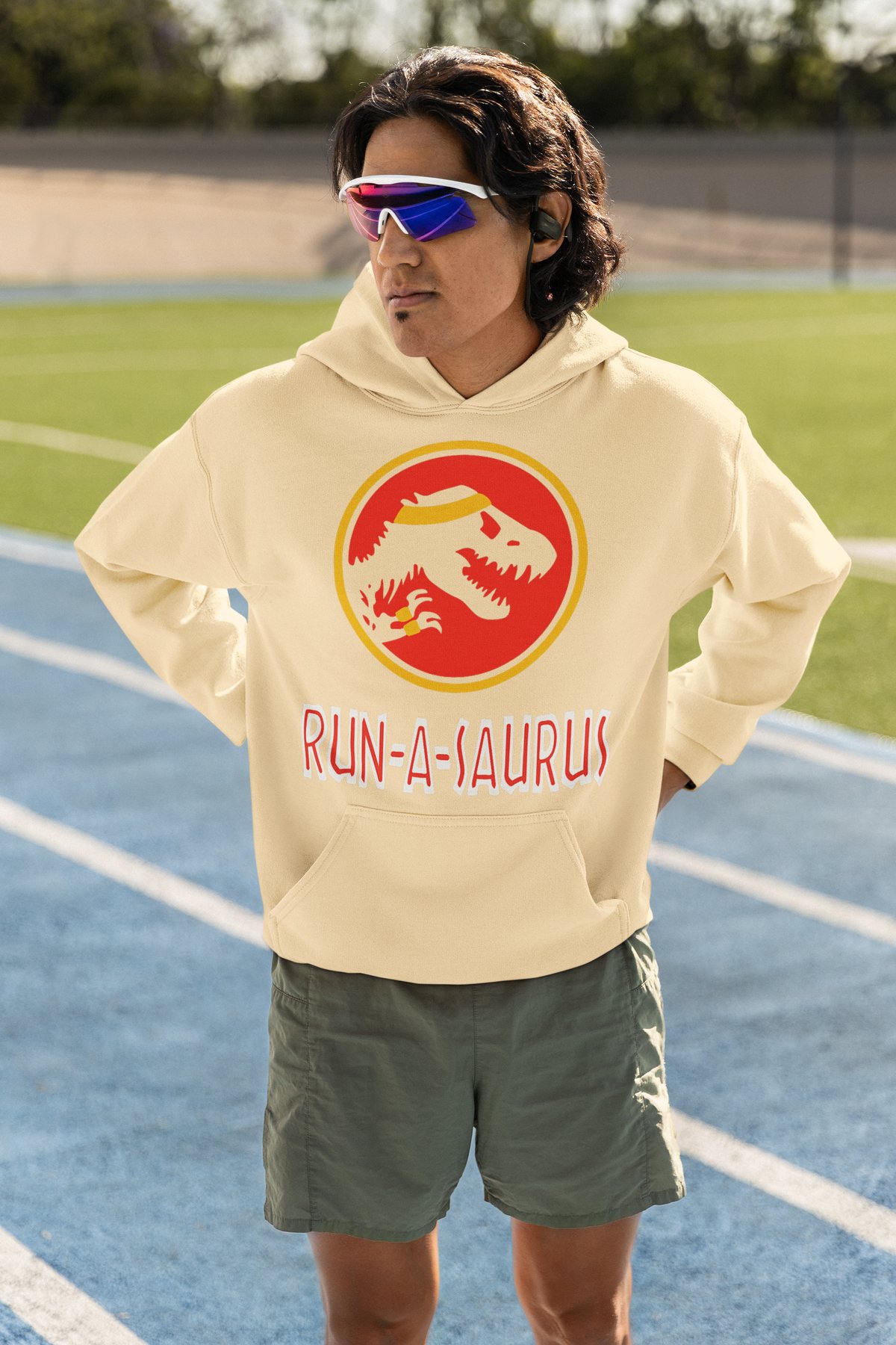 Run-A-Saurus Hoodie - Jurassic Park Style T-Rex Running Design - Cream Hoodie