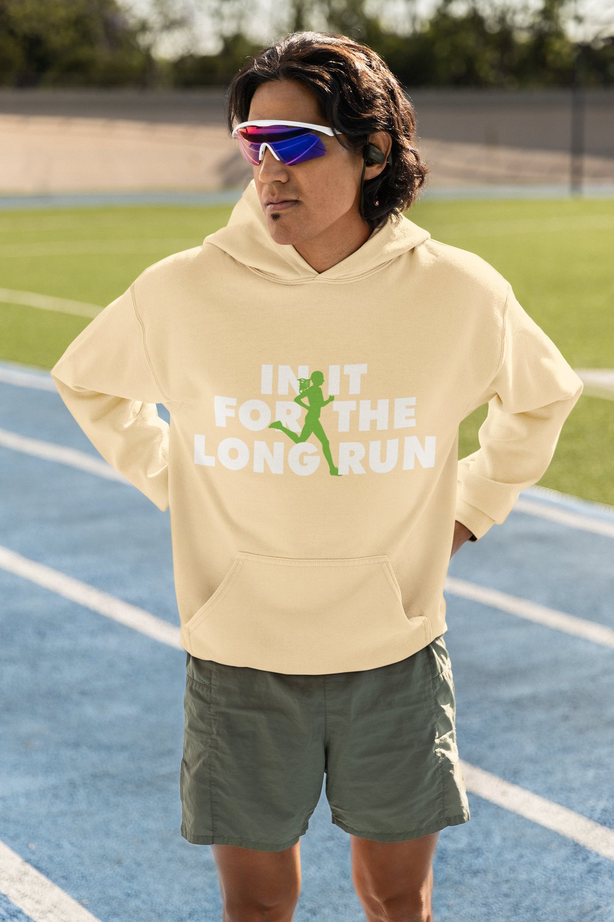 In It For The Long Run Hoodie - Green Runner Silhouette Design - Cream Hoodie