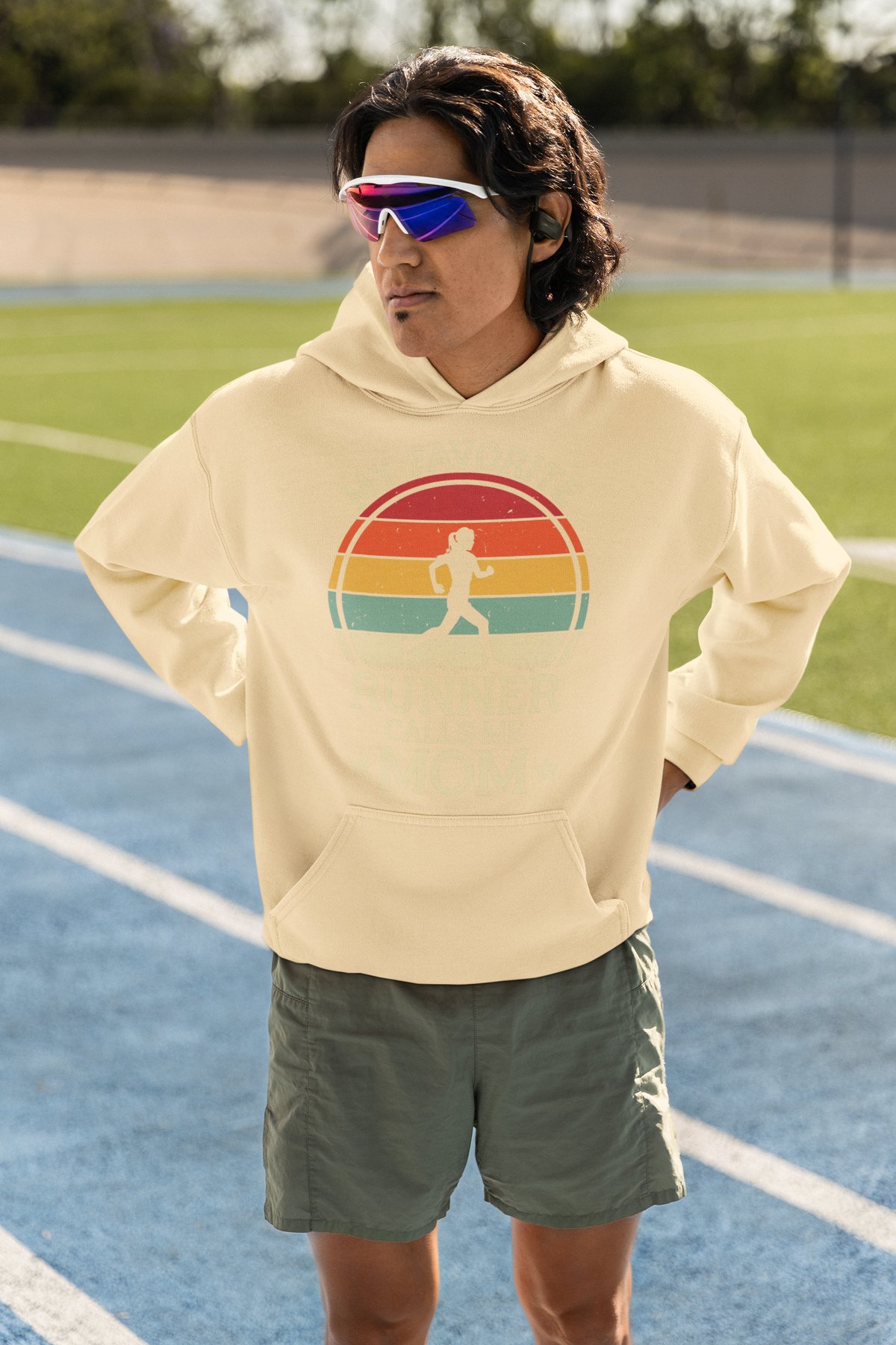 My Favourite Runner Calls Me Mom Hoodie - Retro Sunset Design - Cream Hoodie