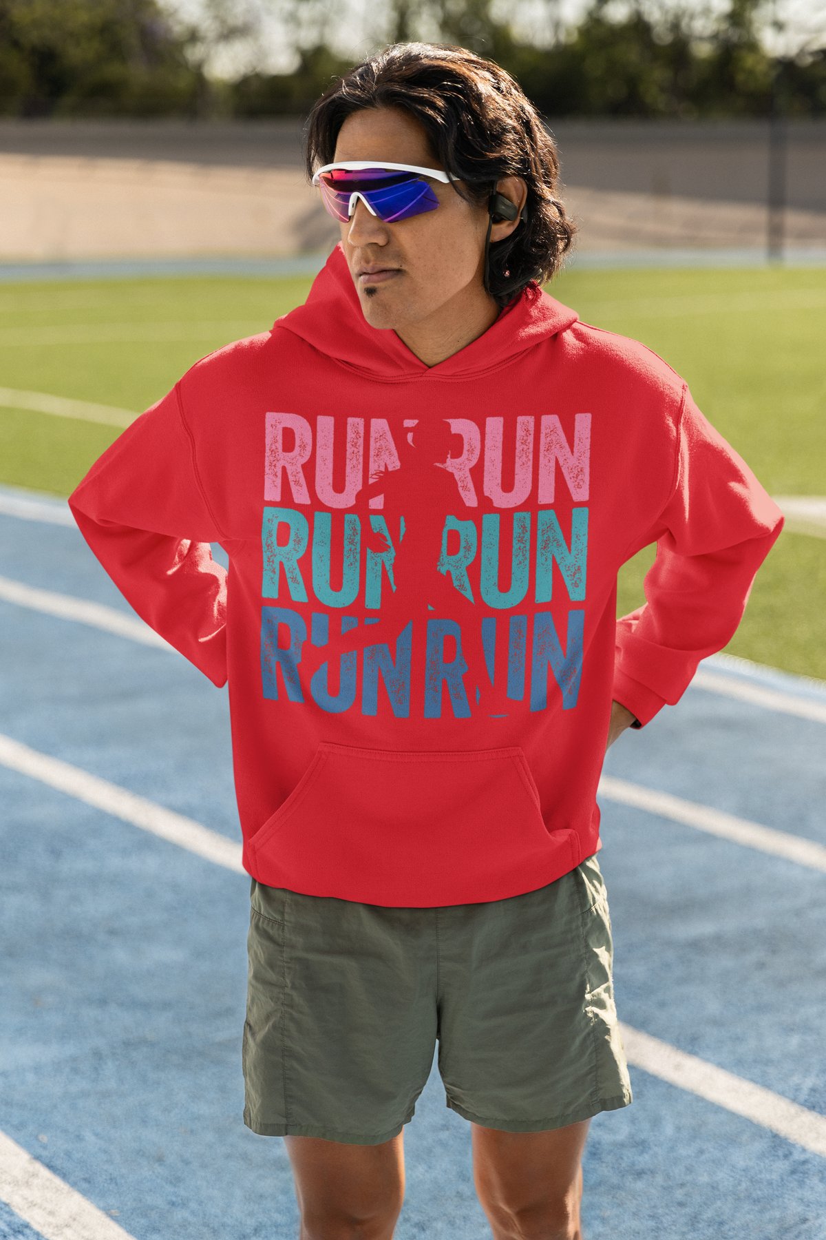 Run Run Run Hoodie - Colourful Runner Silhouette Repeat Design - Red Hoodie
