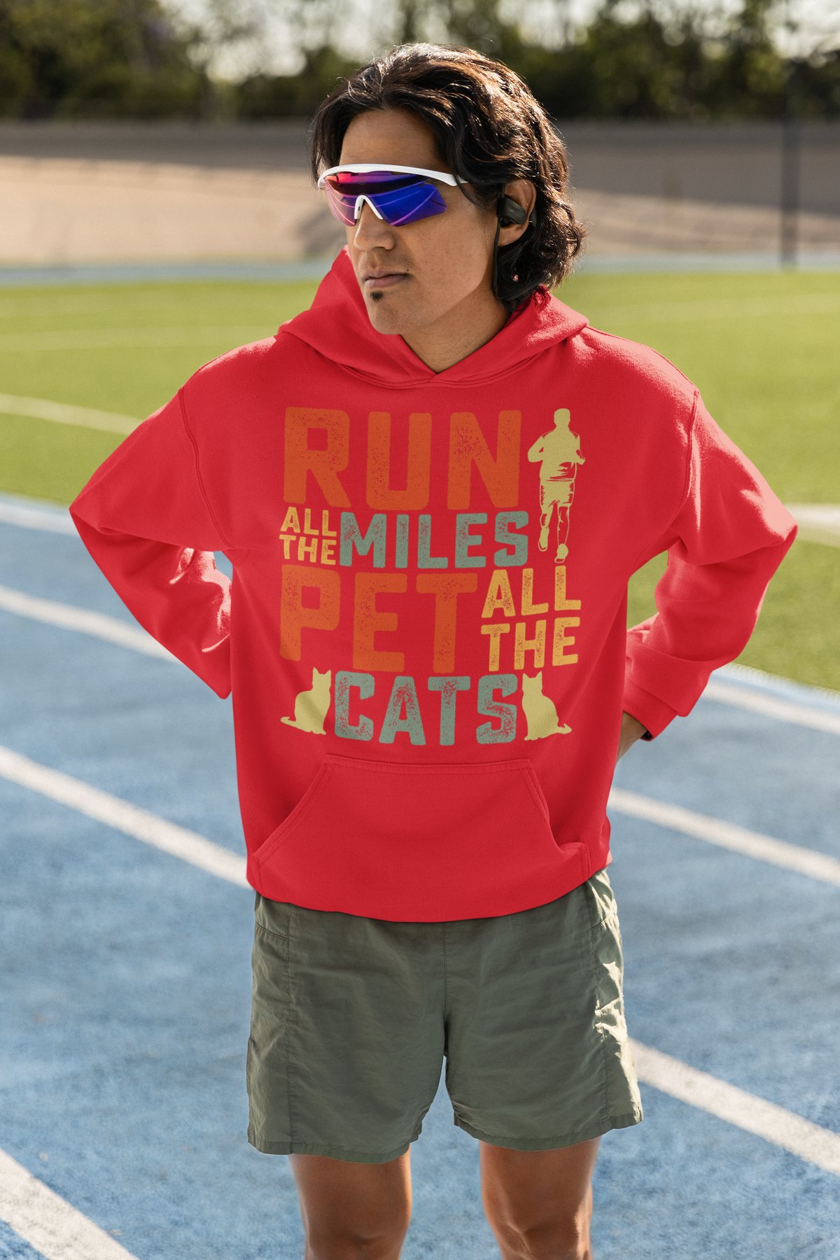 Run All The Miles Pet All The Cats Hoodie - Cat Lover Runner Design - Red Hoodie