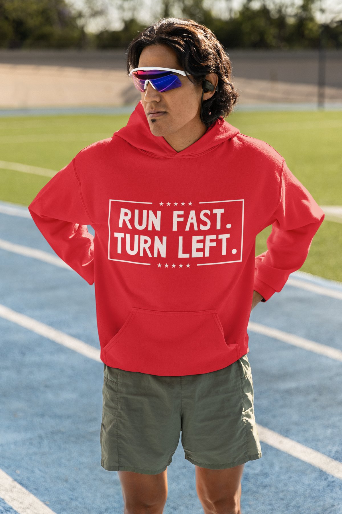 Run Fast Turn Left Hoodie - Track Runner Bold Typography Design - Red Hoodie