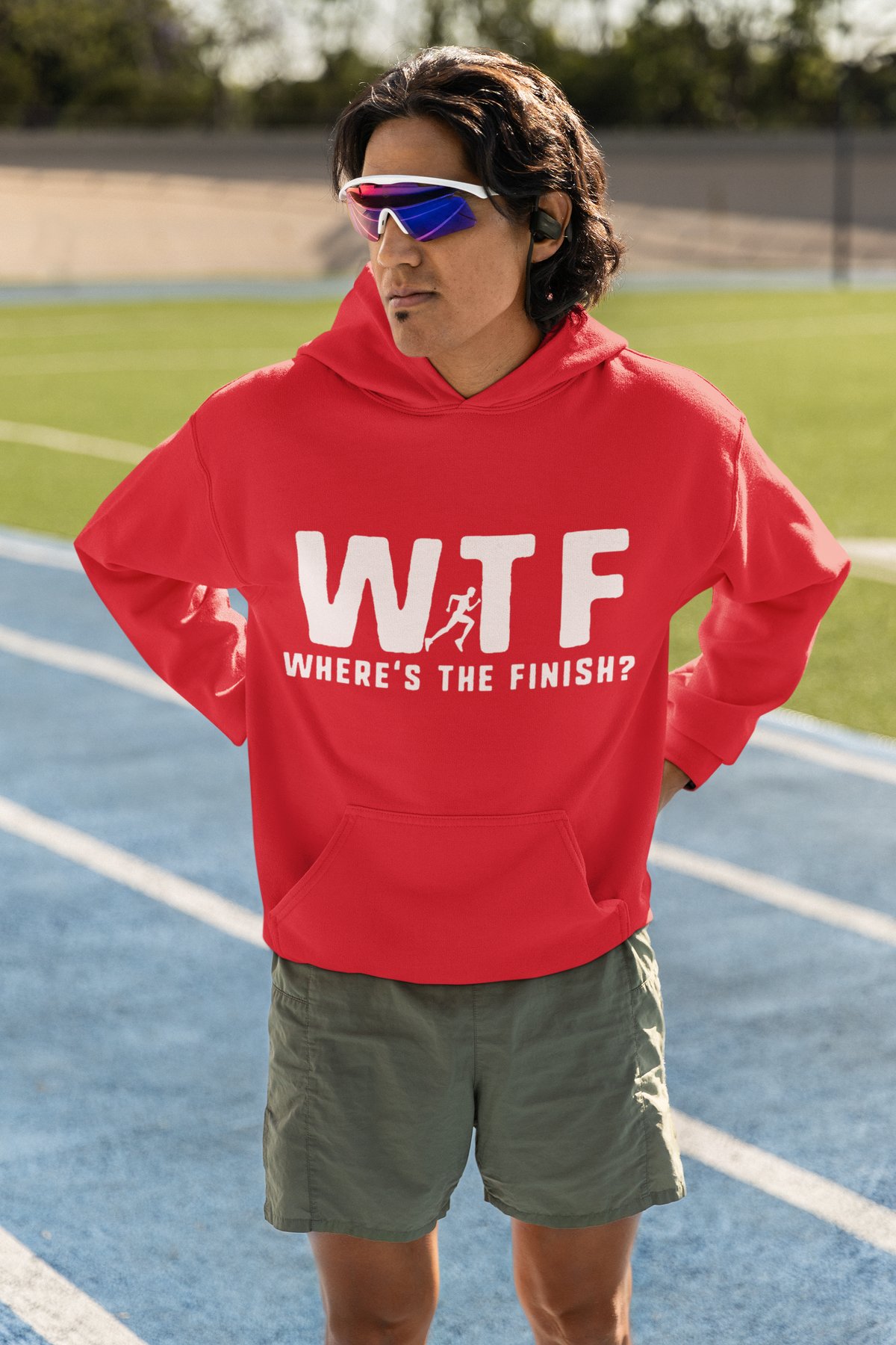 World's Okayest Runner Hoodie - Retro Sunset Stars Badge Design - Red Hoodie