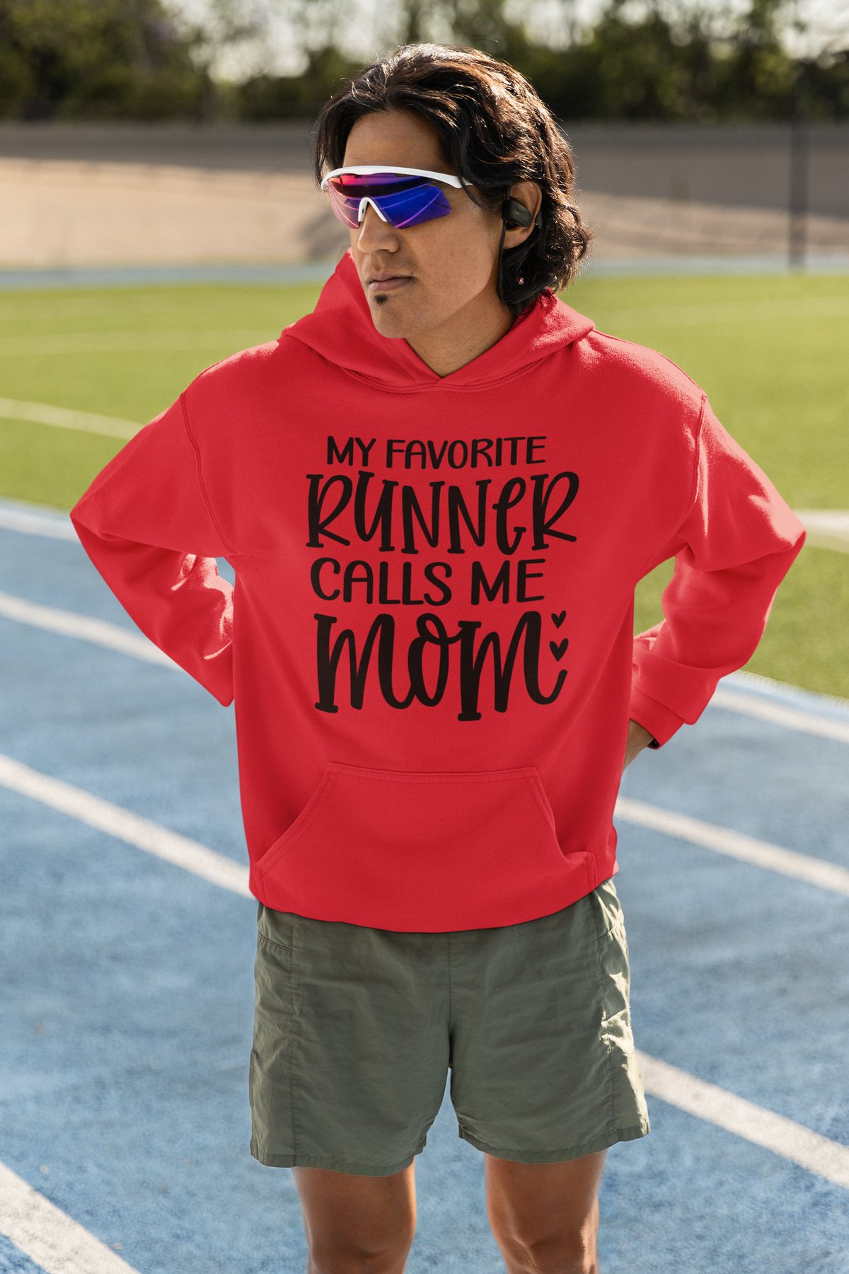 My Favorite Runner Calls Me Mom Hoodie - Hand Lettered Hearts Design - Red Hoodie