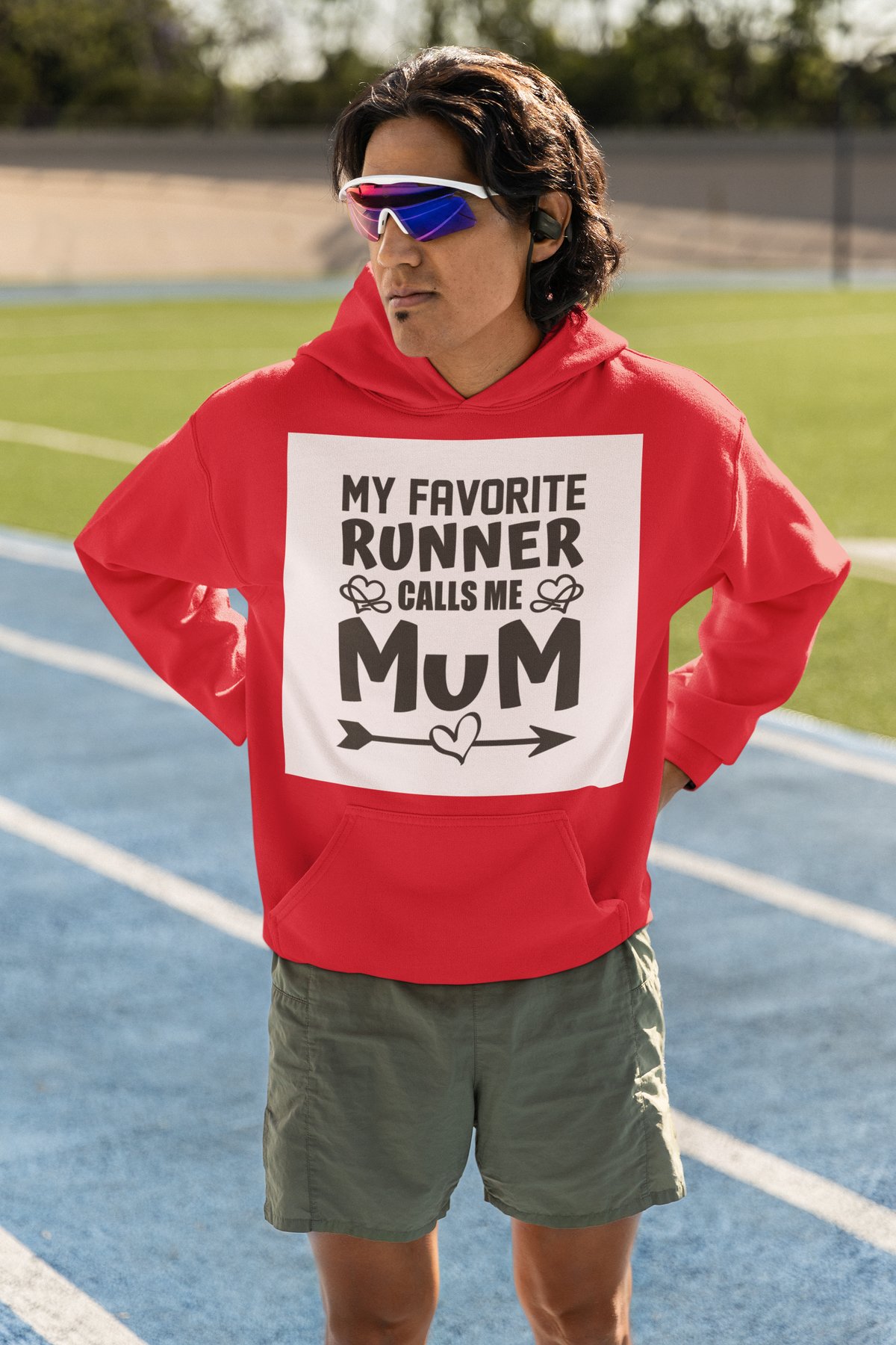 My Favourite Runner Calls Me Mum Hoodie - Grey Script Patch Design - Red Hoodie