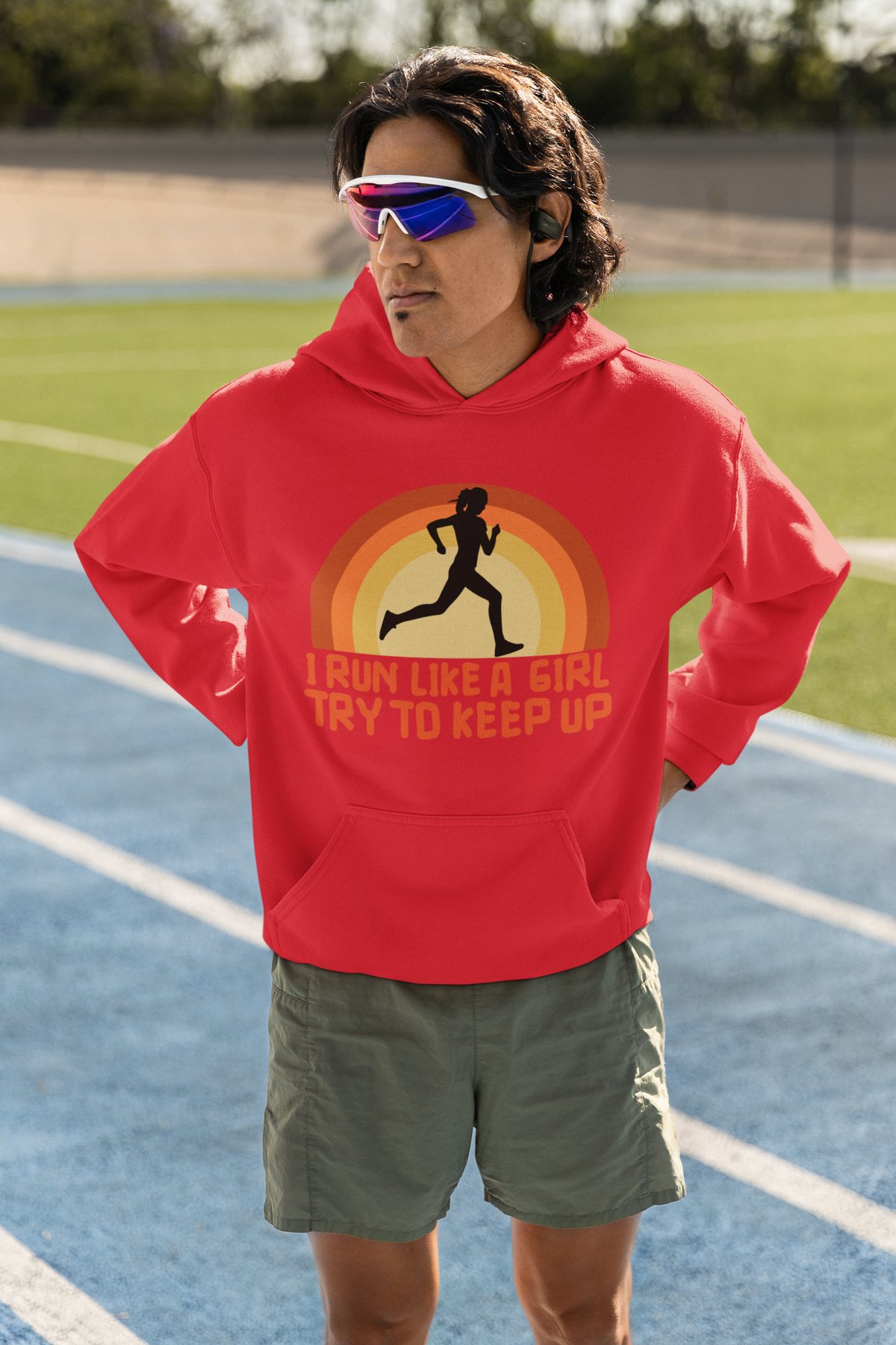 I Run Like A Girl Try To Keep Up Hoodie - Retro Sunset Female Runner - Red Hoodie