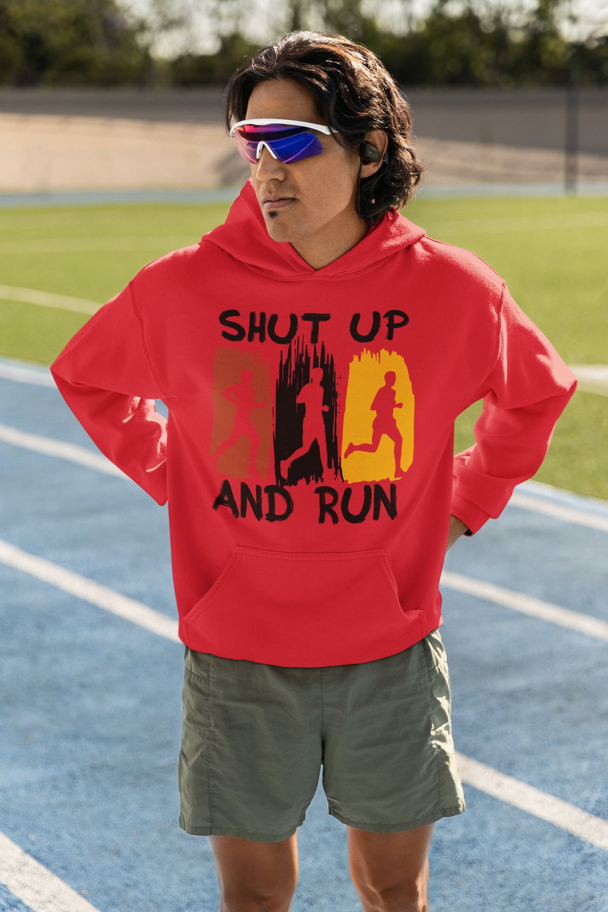 Shut Up And Run Hoodie - Colourful Panel Runner Silhouettes Design - Red Hoodie