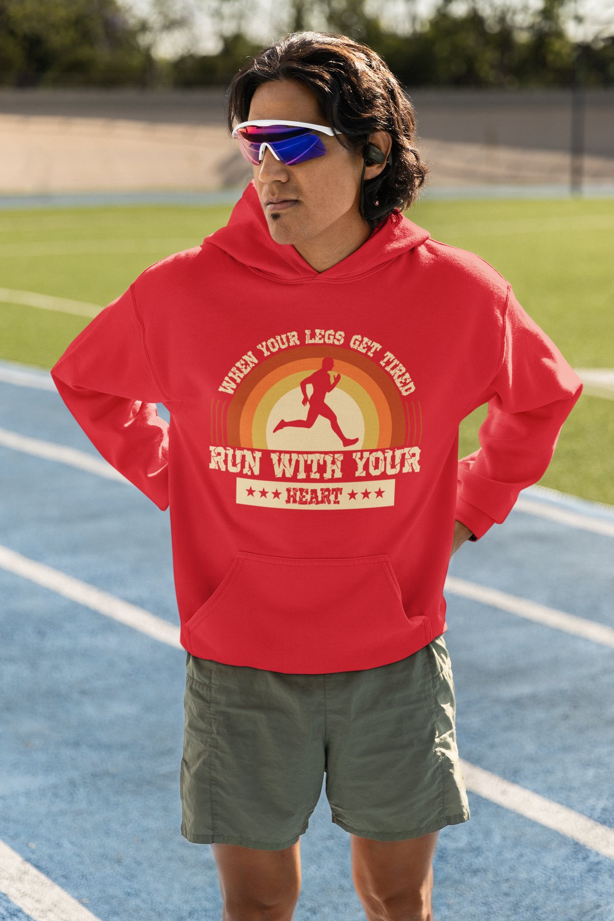 When Your Legs Get Tired Run With Your Heart Hoodie - Retro Sunset V2 - Red Hoodie