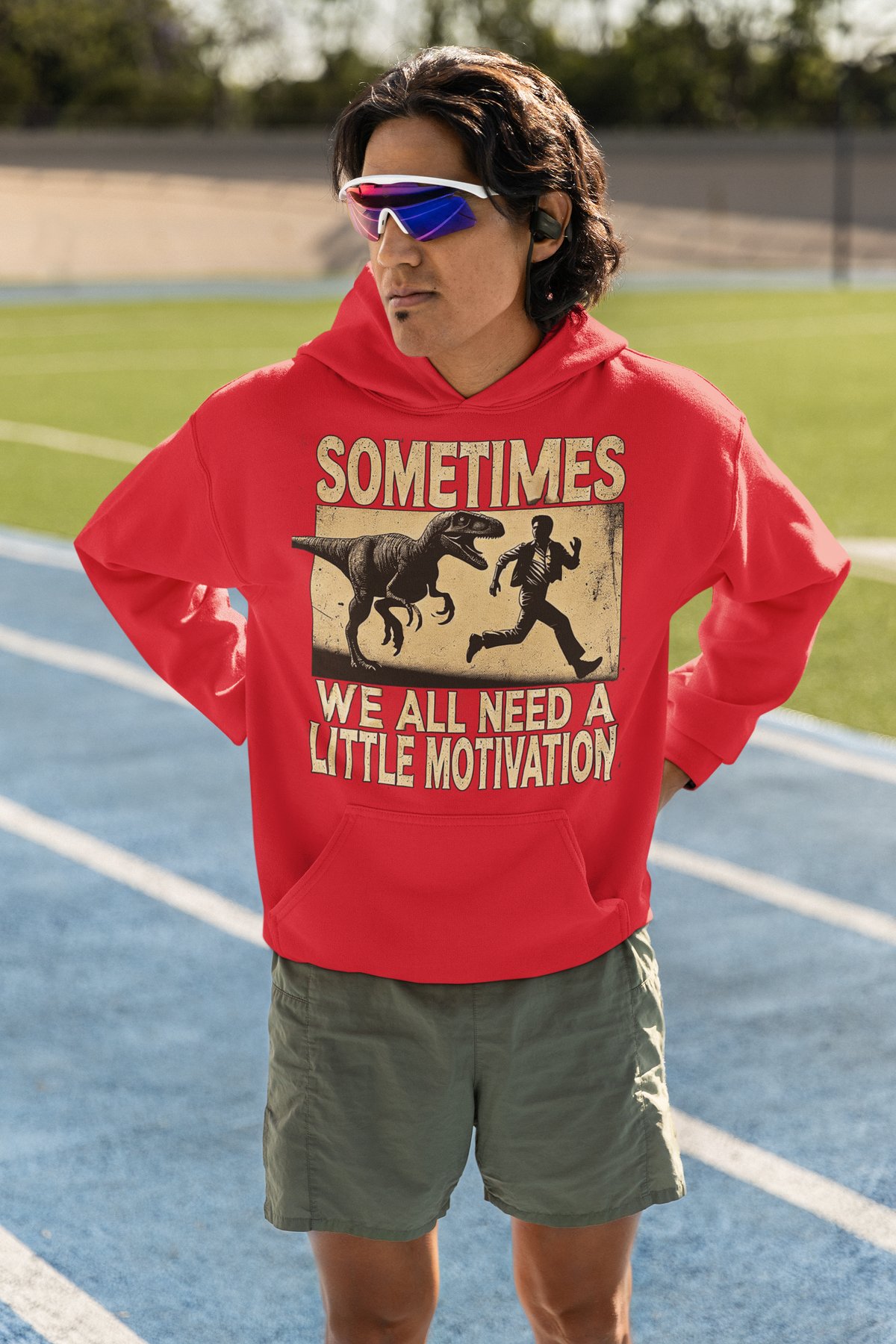Sometimes We All Need A Little Motivation Hoodie - Dinosaur Runner - Red Hoodie