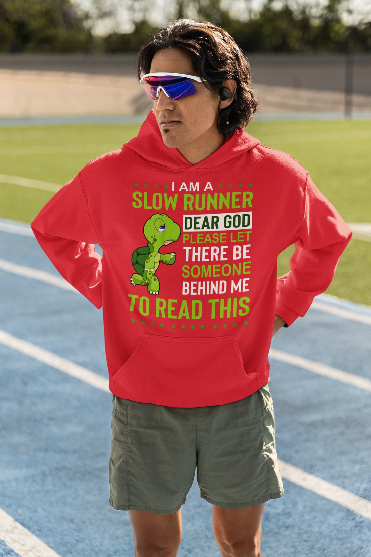 I Am A Slow Runner Dear God Hoodie (Green) - Turtle Back Of Pack - Red Hoodie