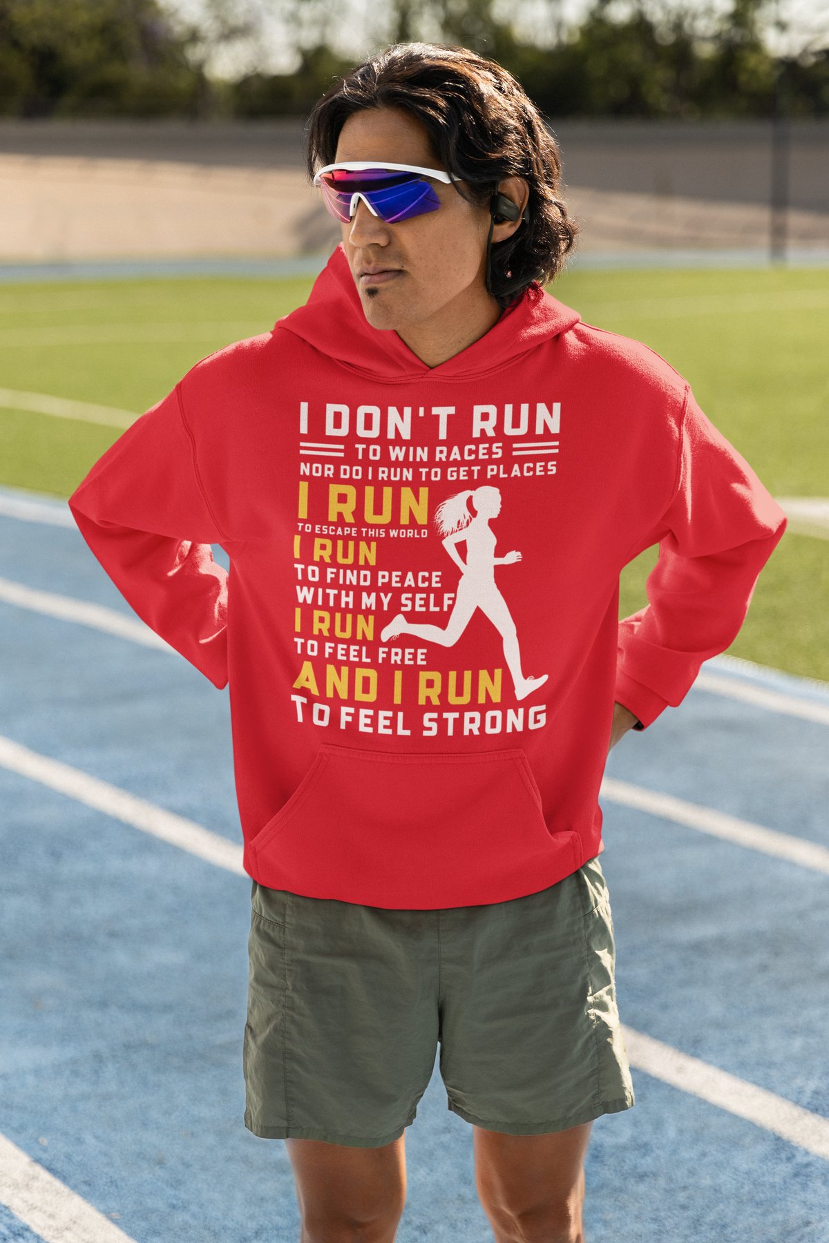 I Don't Run To Win Races I Run To Feel Strong Hoodie (White/Yellow) - Red Hoodie