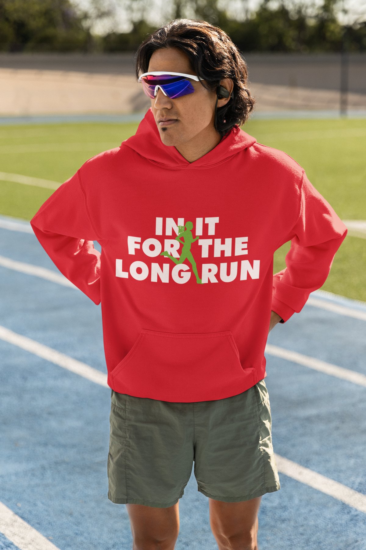 In It For The Long Run Hoodie - Green Runner Silhouette Design - Red Hoodie