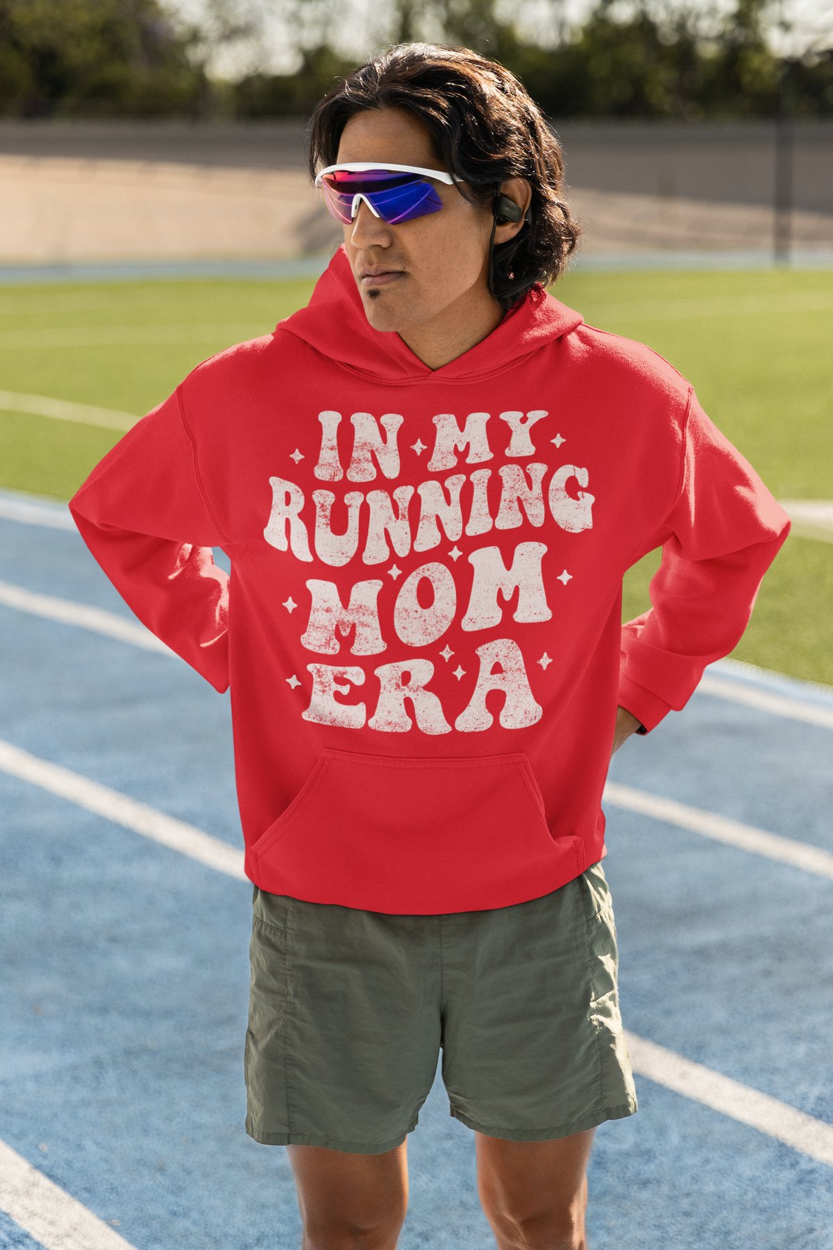 In My Running Mom Era Hoodie - Groovy White Retro Design - Red Hoodie
